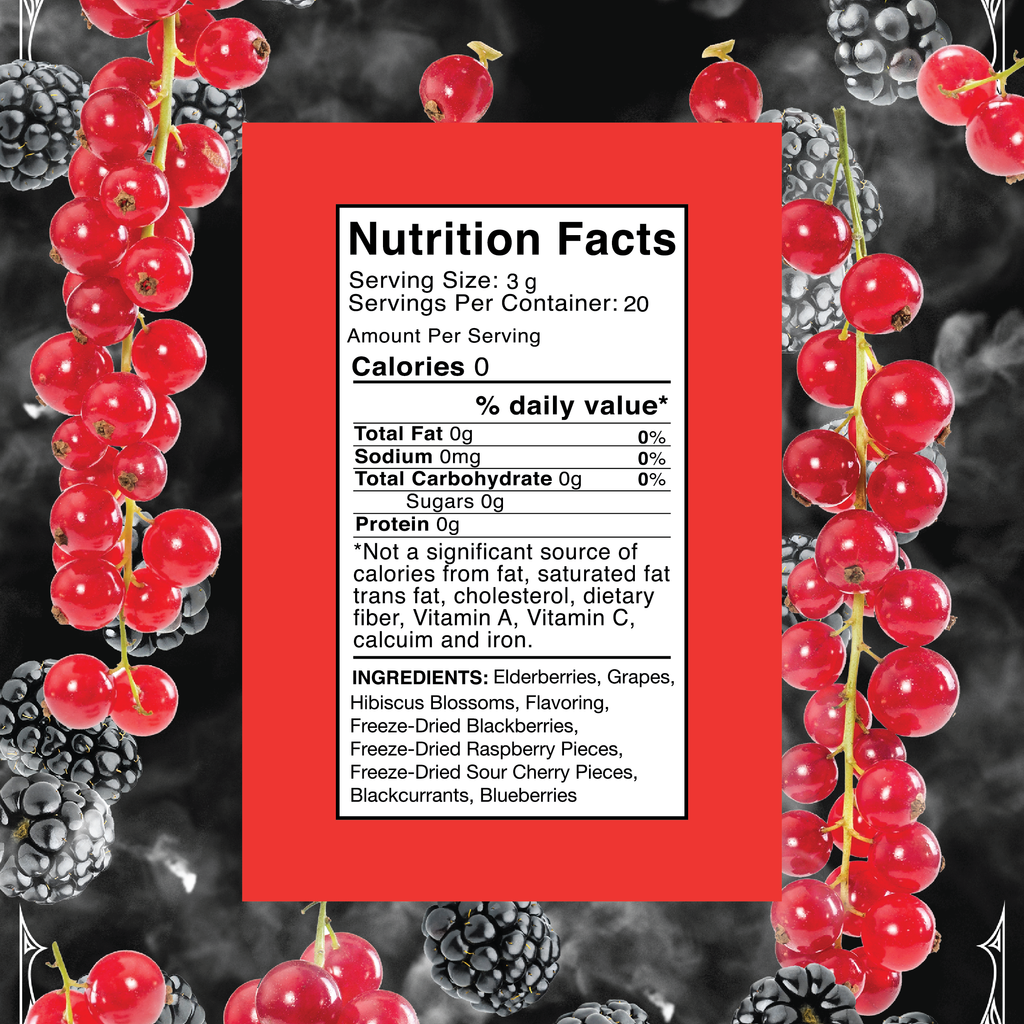 Blackberry and Cherry Currant 20 gram bag in a deep berry color with blackberries and cherries 
