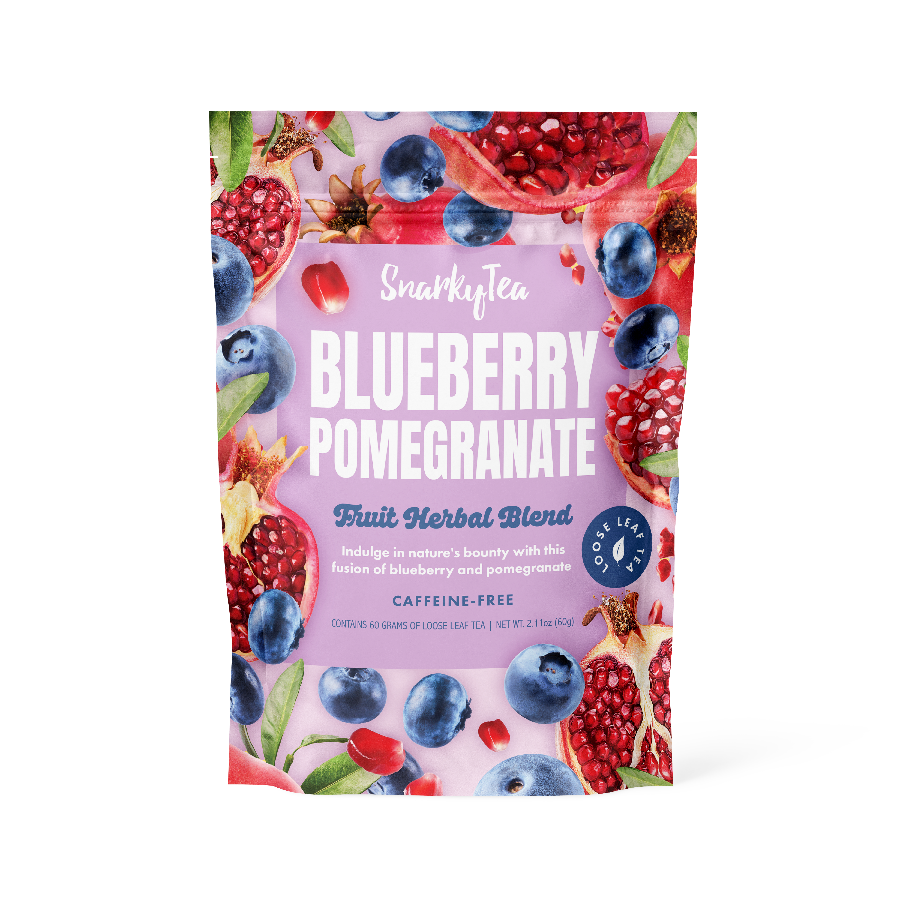 Snarky Tea Blueberry Pomegranate Fruit Herbal Blend loose leaf tea pouch surrounded by illustrations of blueberries and pomegranate seeds; 60 gram pouch on a white background; caffeine-free herbal tea.