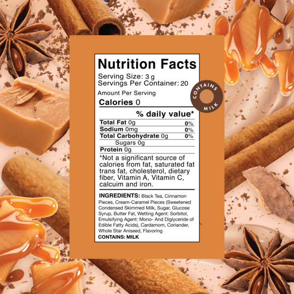 Packaging of Snarkytea Caramel Chai black tea blend, showing the product name and images of tea leaves, cinnamon sticks, and caramel pieces. 20 g