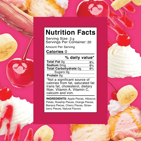Packaging of Cherry Banana Split fruit herbal tea blend by SnarkyTea, showing images of cherries and bananas against a pink background. 20g.
