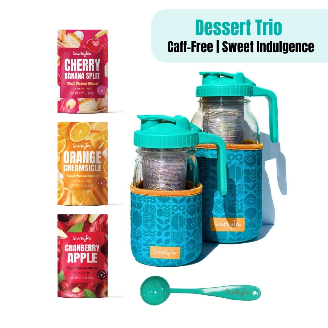 Desert Trio product set with jars, 3 packets of tea: Cherry Banana Split, Orange Creamsicle, Cranberry Apple and a teal spoon on a white background - Caff-free, Sweet Indulgence