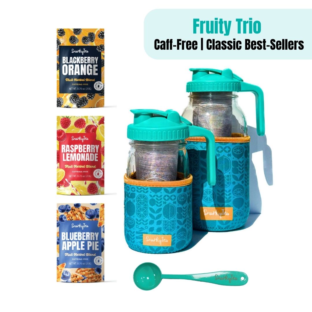 Fruity Trio product set with jars, 3 packets of tea: Blueberry Apple Pie, Blackberry Orange, Raspberry Lemonade, and a teal spoon on a white background - Caff-free, Classic Best Sellers