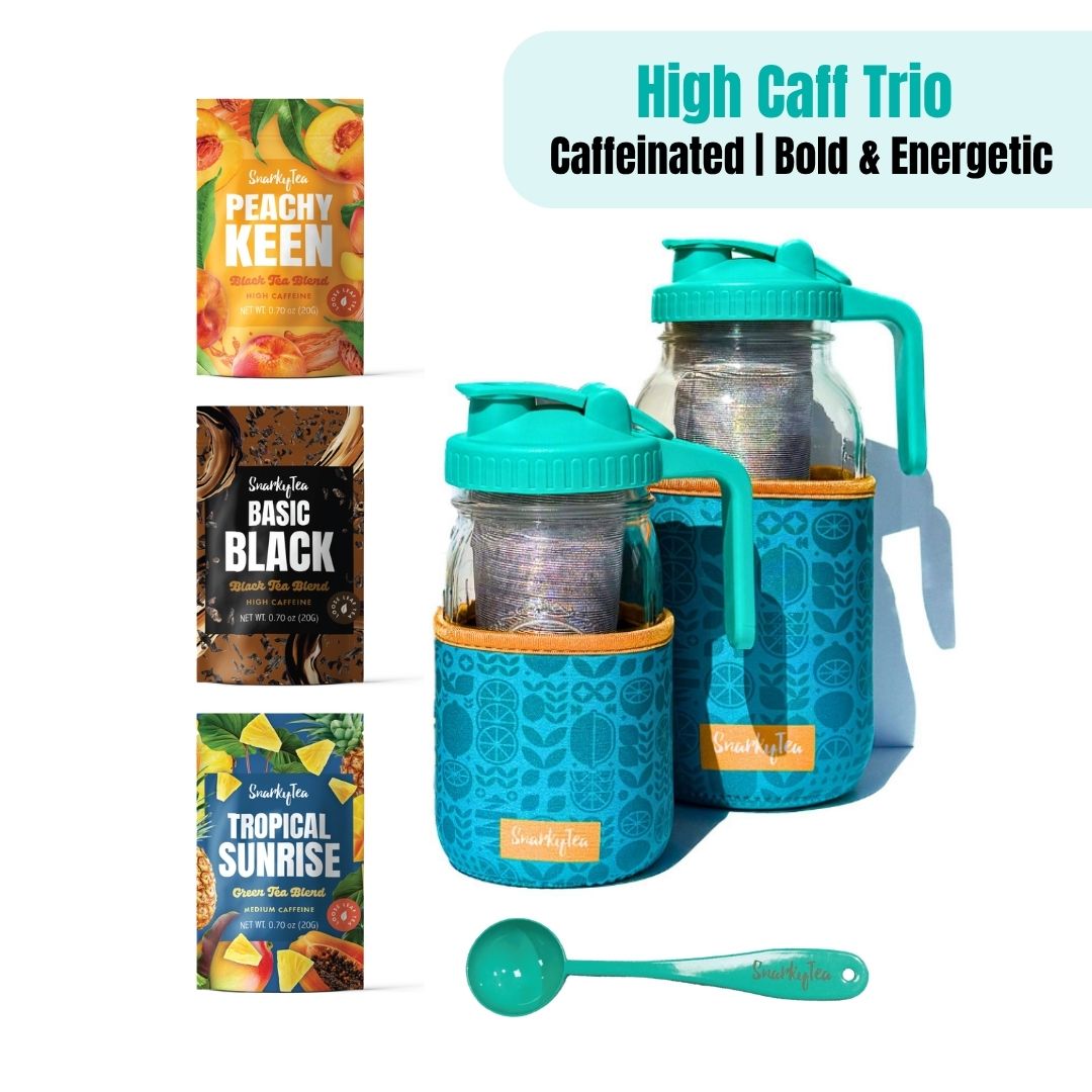 High Caff Trio product set with jars, 3 packets of tea: Peachy Keen, Basic Black, Tropical Sunrise and a teal spoon on a white background - Caffienated, Blod and Energetic