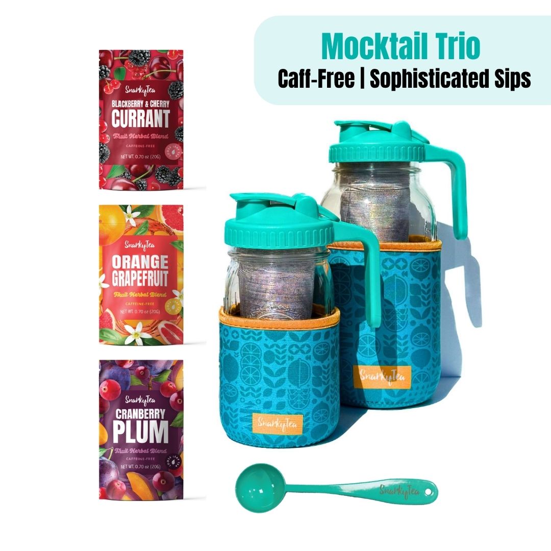 Mocktail Trio product set with jars, 3 packets of tea: Blackberry & Cherry Currant, Orange Grapefruit, Cranberry plum and a teal spoon on a white background - Caff-free, Sophisticated Sips