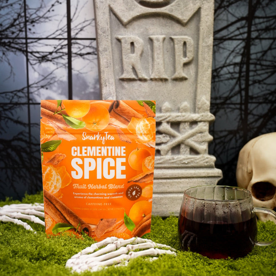 Snarky Tea 60g Clementine Spice fruit herbal blend packaging with colorful design on a white background