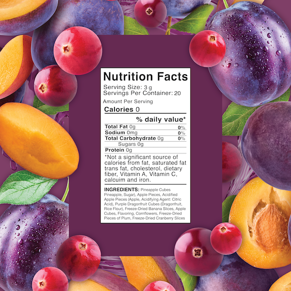 cranberry plum 20 gram packaging with purple background and cranberr y and plum pieces