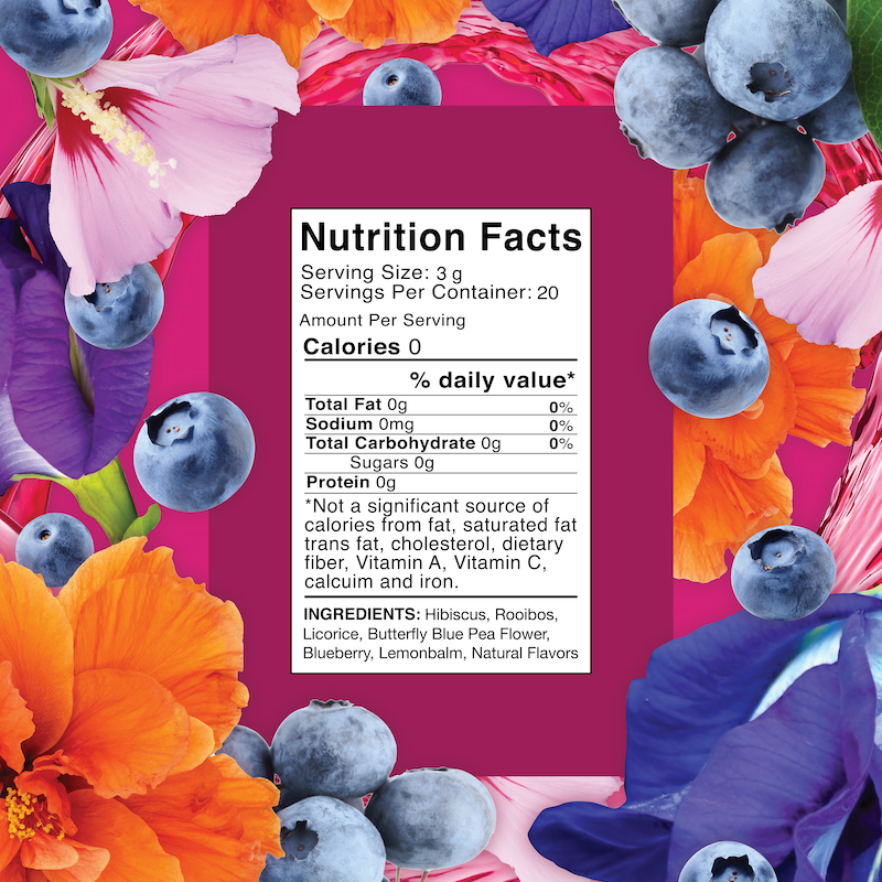 20gram Packaging for 'Hibiscus Glow' rooibos herbal blend tea blend by Snarky Tea featuring a magenta color scheme with orange and blue accents and text detailing.