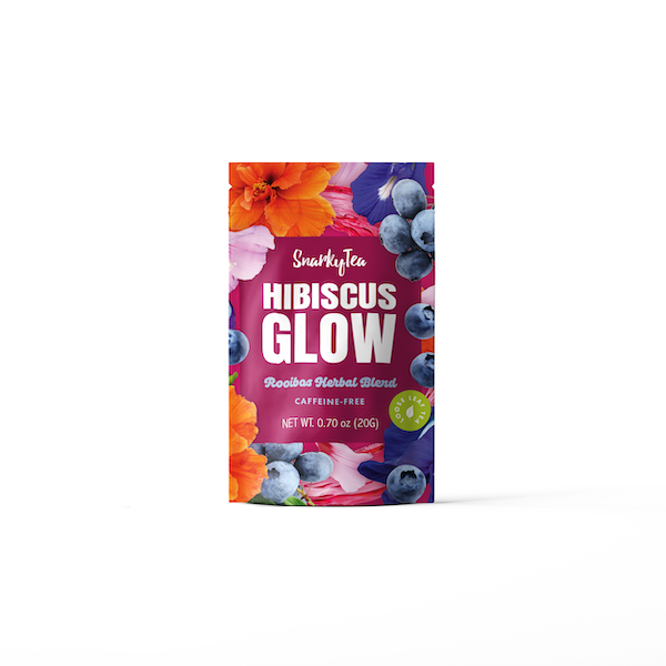 20gram Packaging for 'Hibiscus Glow' rooibos herbal blend tea blend by Snarky Tea featuring a magenta color scheme with orange and blue accents and text detailing.