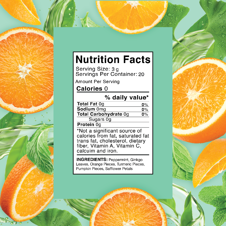 20gram Packaging for 'Mindful Mint' fruit herbal blend tea blend by Snarky Tea featuring a green color scheme with orange accents and text detailing.