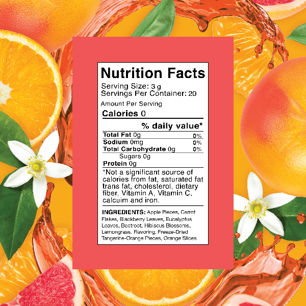 20g pouch of Orange Grapefruit tea with orange slices and blossoms on bag on white background
