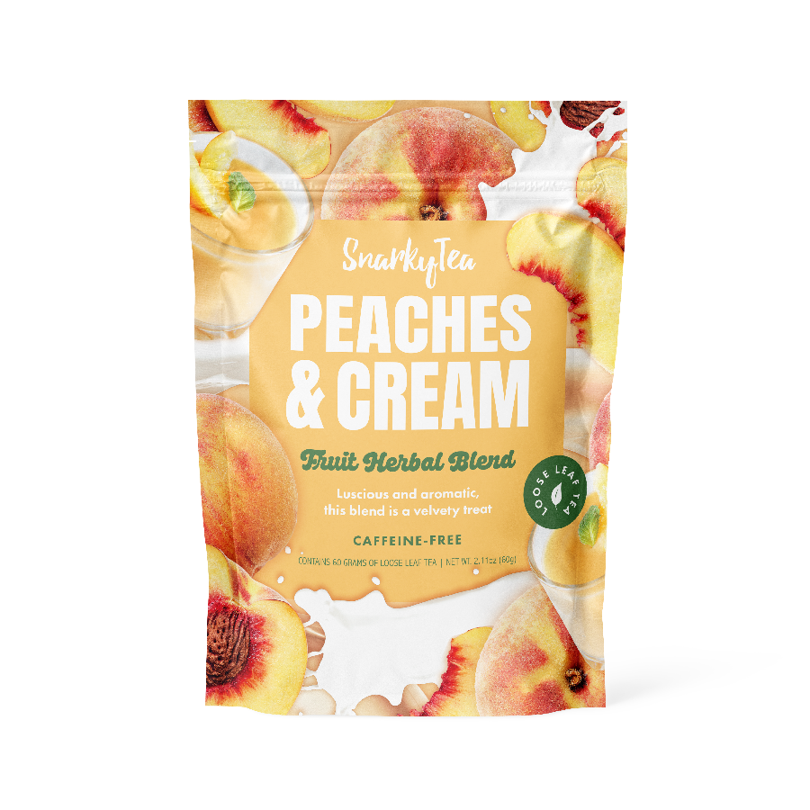 Snarky Tea 60g Peaches & Cream fruit herbal blend packaging with colorful design on a white background