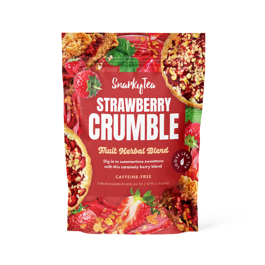 Snarky Tea Packaging 60G of Strawberry Crumble fruit herbal blend on a white background
