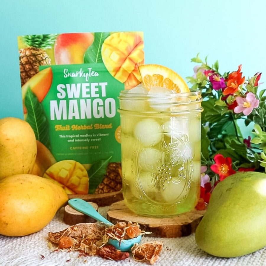 Snarky Tea 60g Sweet Mango fruit herbal blend packaging on a white background