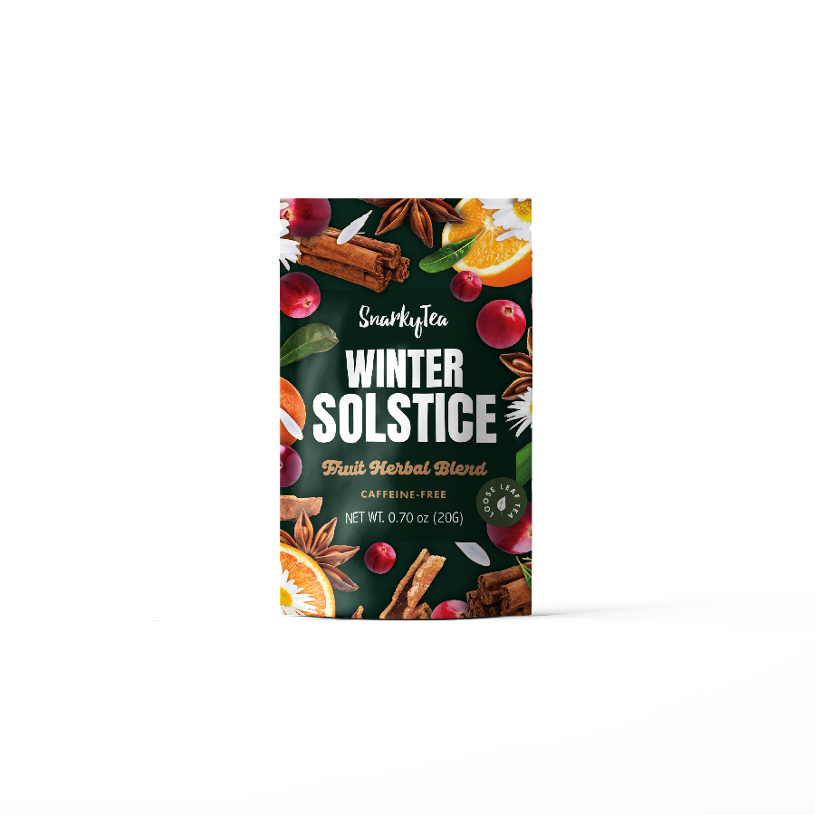 Snarky Tea 60g Winter Solstice fruit herbal blend packaging with colorful design on a white background