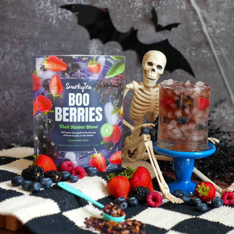 Snarky Tea 60g Boo Berries fruit herbal blend packaging with colorful design on a white background