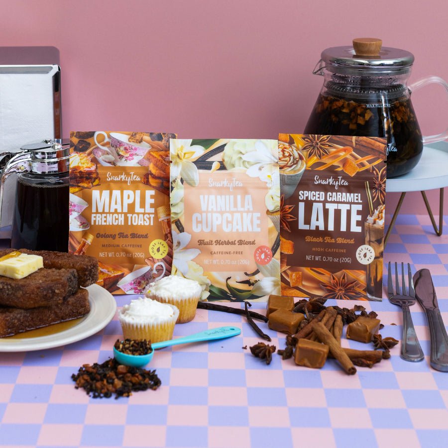 A whitebox photo of the Brunch Brews Trio, consisting of Maple French Toast, Spiced Caramel Latte, and Vanilla Cupcake in 20g bags