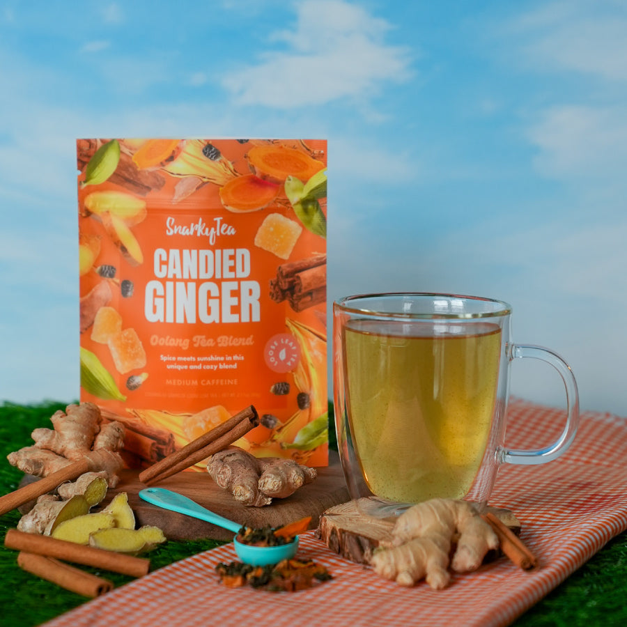 SnarkyTea Candied Ginger Oolong Tea Blend packaging on a white background