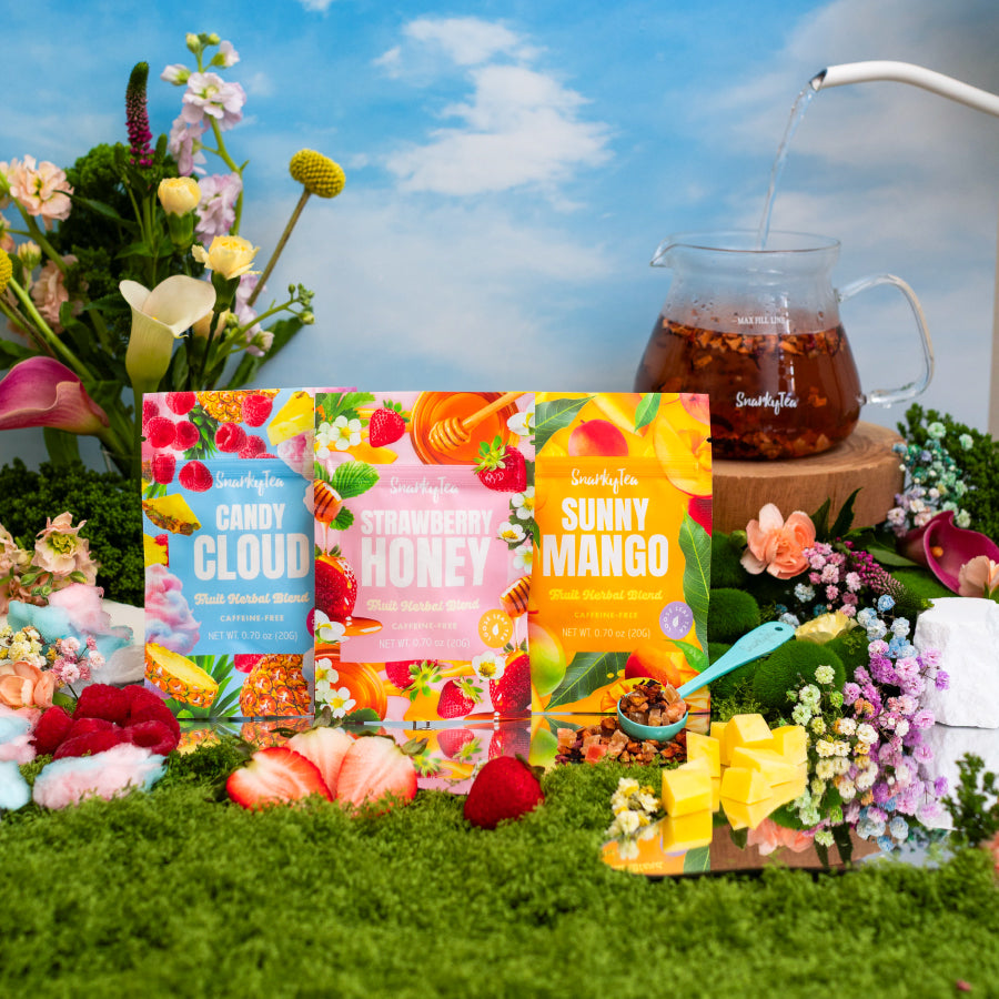 A whitebox photo of the Fan Faves Trio, consisting of Candy Cloud, Strawberry Honey, and Sunny Mango in 20g bags