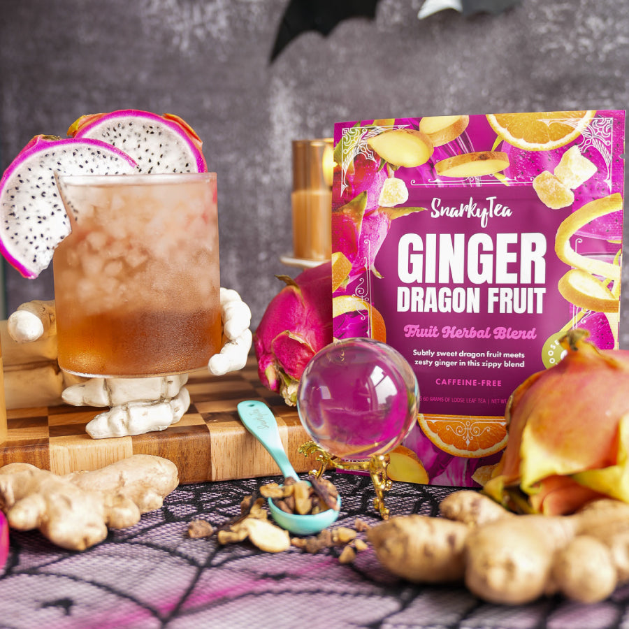 Package of Dragon Fruit herbal blend on a white background - showing ginger, orange peel, purple dragonfruit.