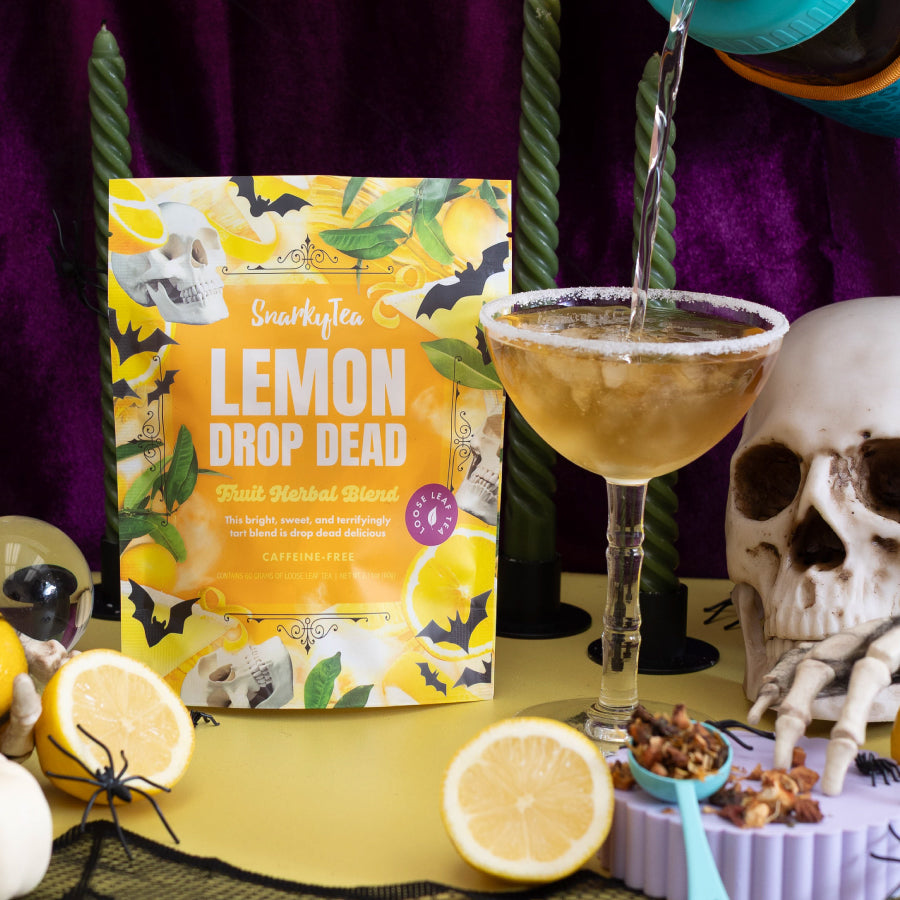 Snarky Tea 60g Lemon Drop Dead fruit herbal blend packaging with colorful design on a white background
