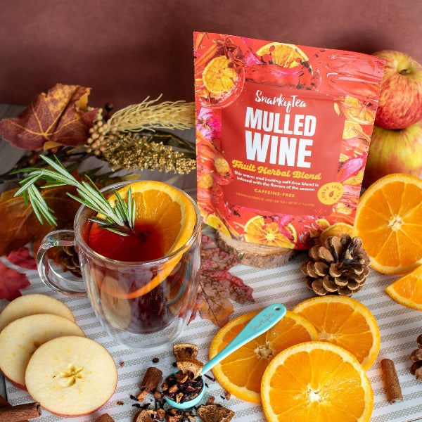 Snarky Tea Mulled Wine 60G fruit herbal blend packaging on a white background