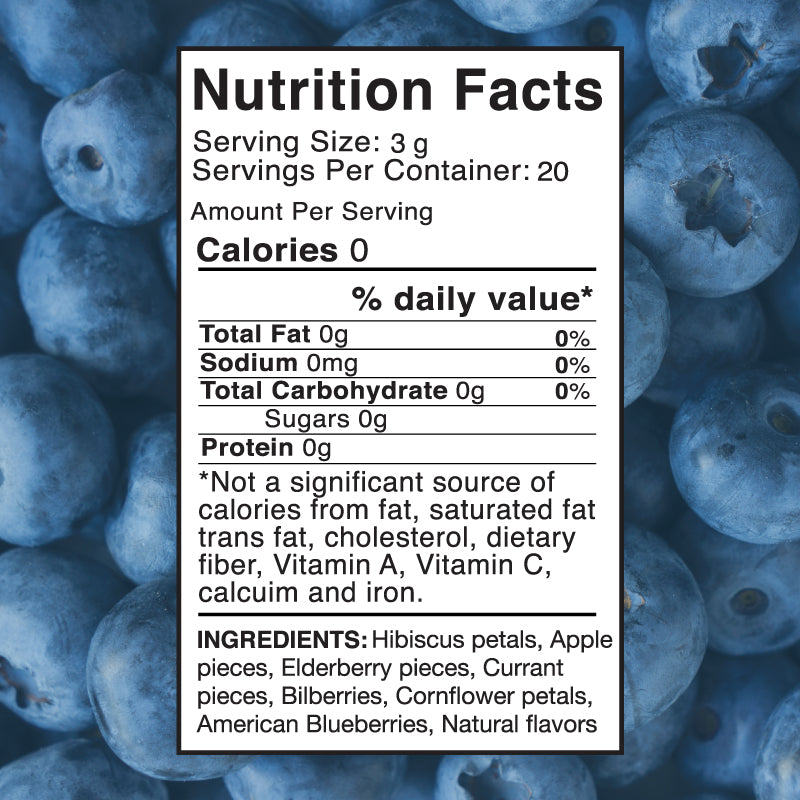 Packaging of 'Blueberry Apple Pie' 20g fruit herbal tea blend by SnarkyTea, showing images of blueberries and apple pieces.