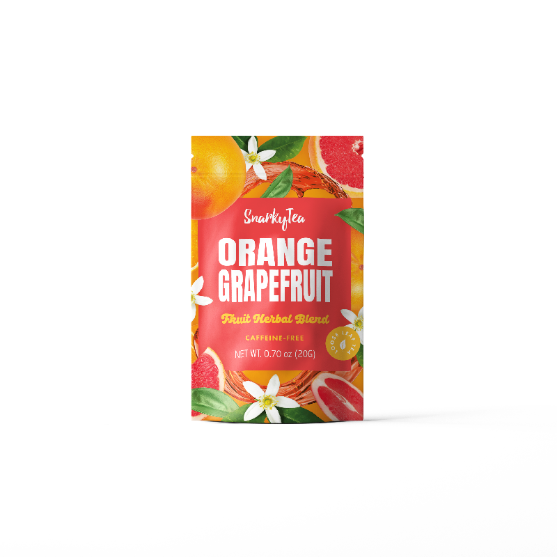 20g pouch of Orange Grapefruit tea with orange slices and blossoms on bag on white background