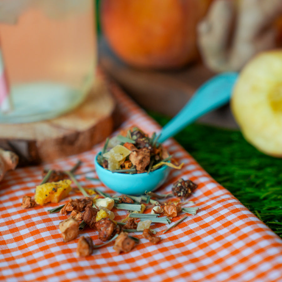 Snarky Tea Peach Passionfruit fruit herbal blend package on a white background