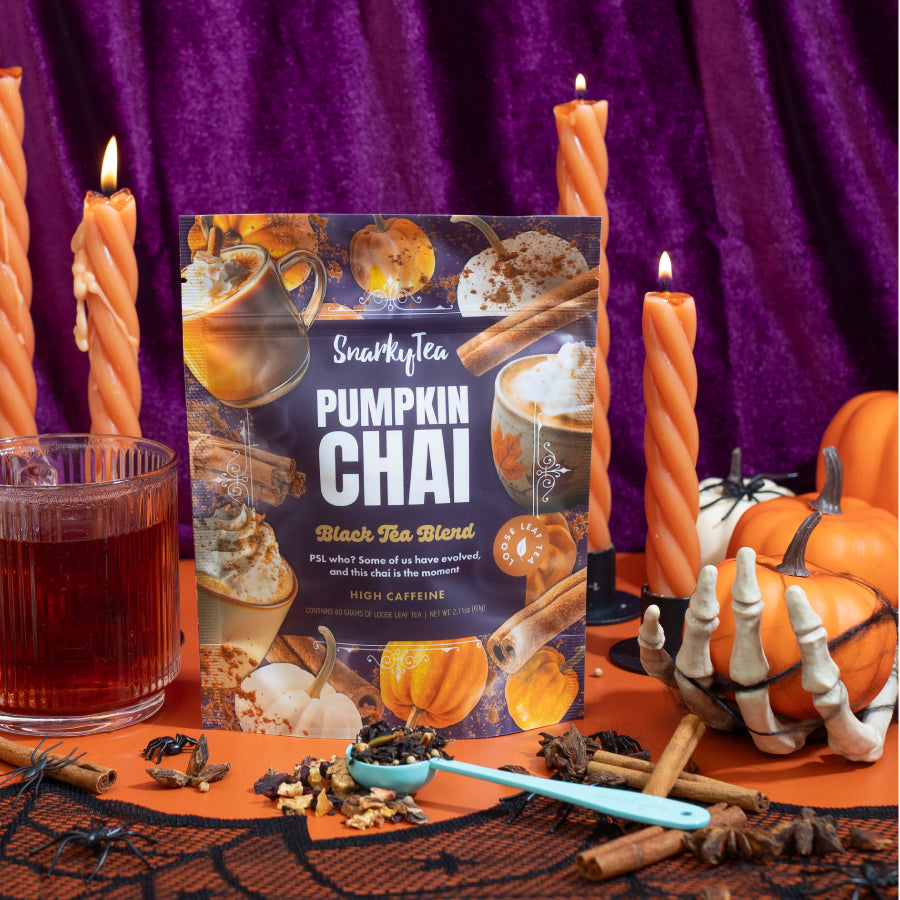 Snarky Tea 60g Pumpkin Chai black tea blend packaging with colorful design on a white background