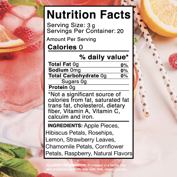 20g package of Raspberry Lemonade Fruit Herbal Blend tea by SnarkyTea, showing images of raspberries, lemons, and tea leaves on a red background.
