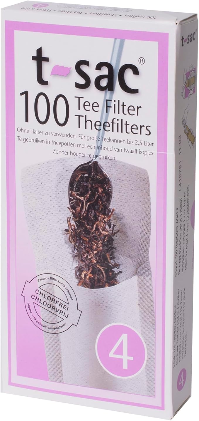 t-sacs, 100 tea filters, size 4, makes 6-12 cups of tea. 