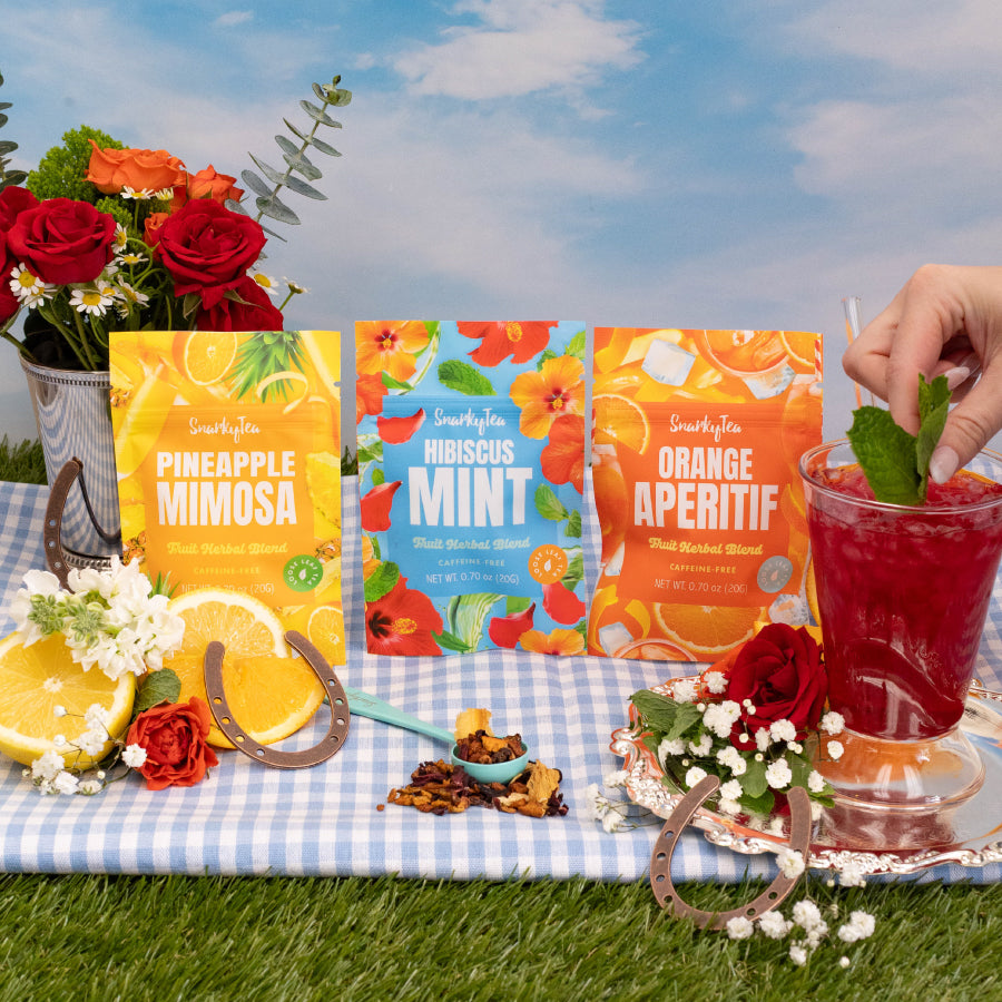 A whitebox photo of Hibiscus Mint, Orange Aperitif, and Pineapple Mimosa in 20g bags